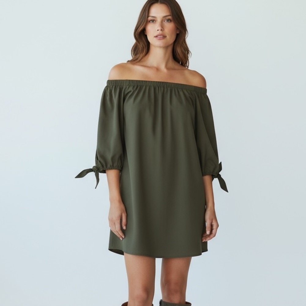 Lucca Off Shoulder Army Green Mini Dress with Tie Sleeves and Pockets Sz M Boho